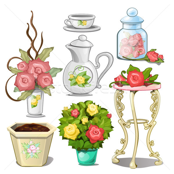 Set of interior objects and tableware with ornaments in the form of flower buds. Vector illustration Stock photo © Lady-Luck