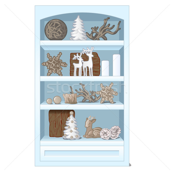 White rack with shelves, filled with beautiful festive figurines, isolated on white background. Cart Stock photo © Lady-Luck
