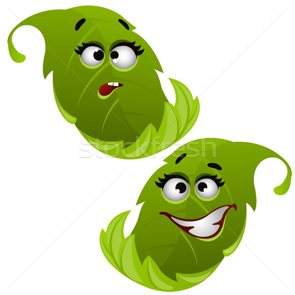 Set of funny laughing green tree leaf isolated on white background. Vector cartoon close-up illustra Stock photo © Lady-Luck