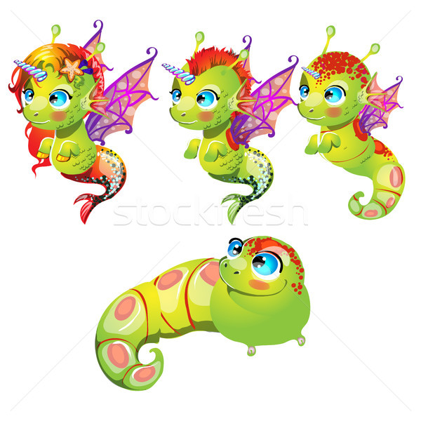 Set fantasy cartoon seahorse isolated on a white background. Stages of transformation from larvae in Stock photo © Lady-Luck