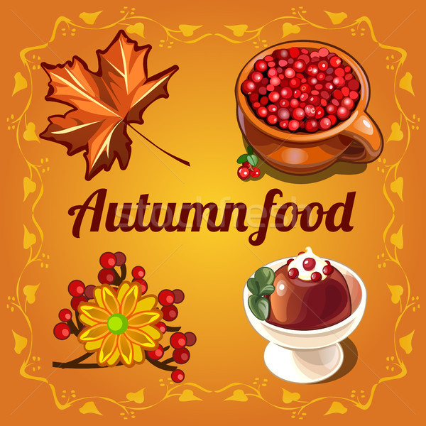 Autumn poster with dry maple leaves, ripe red cranberries, chocolate pudding with cowberry and ornam Stock photo © Lady-Luck