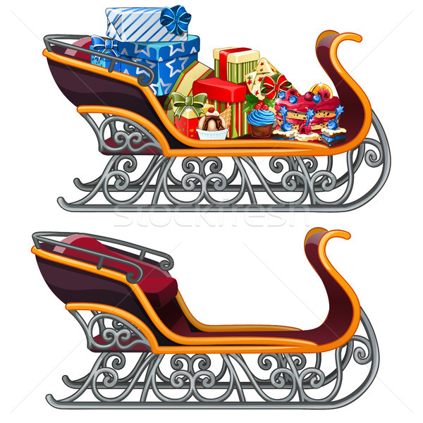 Set of iron sleigh of Santa Claus with gifts and festive cakes isolated on white background. Vector  Stock photo © Lady-Luck