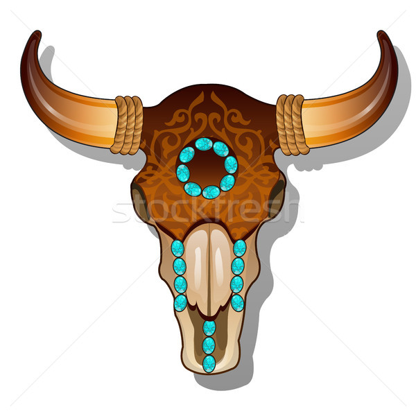 Ornate cow skull encrusted with turquoise precious stones. Vector cartoon close-up illustration. Stock photo © Lady-Luck