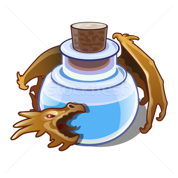 Blue liquid in the vial is guarded by a dragon isolated on white background. Vector cartoon close-up Stock photo © Lady-Luck