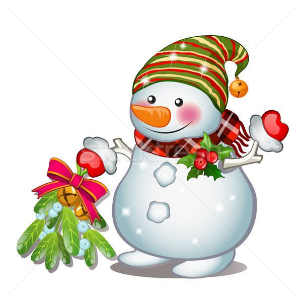 A smiling snowman wearing a striped cap. Sketch for greeting card, festive poster or party invitatio Stock photo © Lady-Luck