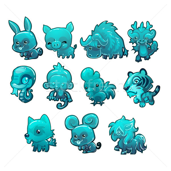 Set cartoon ice figurines of animals turquoise color isolated on white background. The symbols of th Stock photo © Lady-Luck