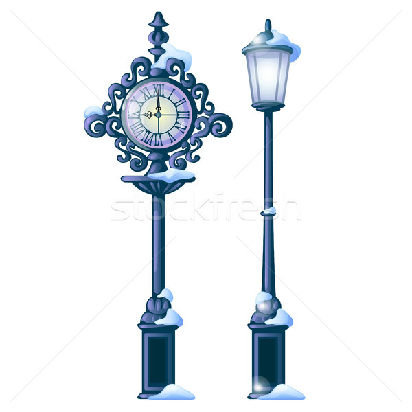 Vintage snowy street clock with ornate dial and streetlight isolated on white background. Sample of  Stock photo © Lady-Luck