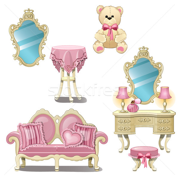 Furniture for interior girl room in pink color isolated on white background. Vector cartoon close-up Stock photo © Lady-Luck