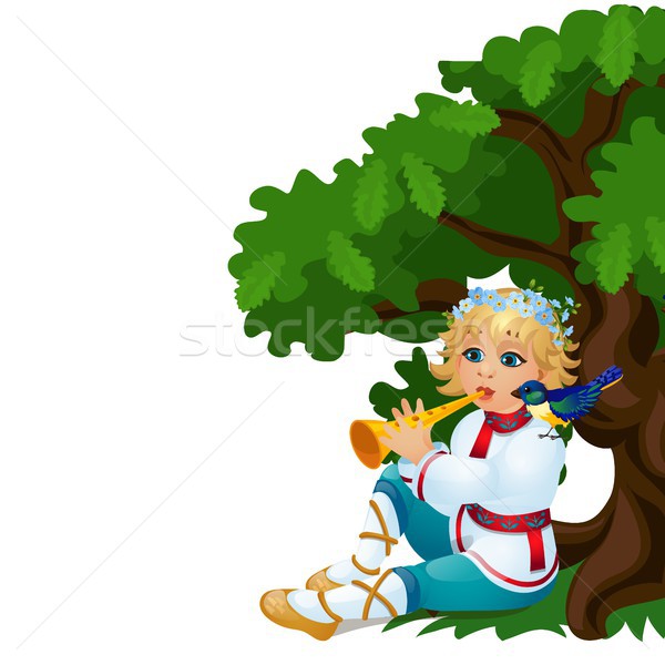 Boy in a traditional Russian costume playing the flute isolated on white background. Vector cartoon  Stock photo © Lady-Luck