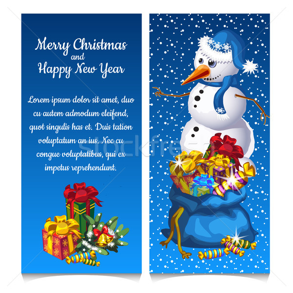 Dual vertical card with snowman with bag of gifts. Sketch for greeting card, festive poster or party Stock photo © Lady-Luck