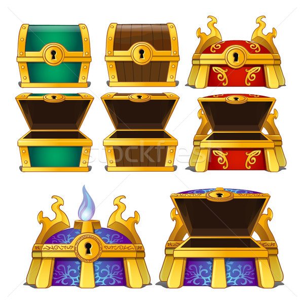 Stock photo: Set of closed and opened colored chests isolated on white background. Vector cartoon close-up illust