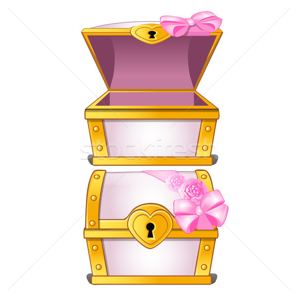 Graceful pink treasure chest decorated with flower buds and ribbon with bowknot. Vector illustration Stock photo © Lady-Luck