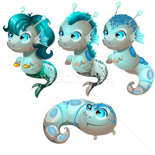 Set fantasy cartoon seahorse isolated on a white background. Stages of transformation from larvae in Stock photo © Lady-Luck