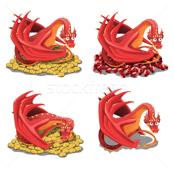 Set of red dragon guarding his treasures and golden coins isolated on a white background. Vector car Stock photo © Lady-Luck