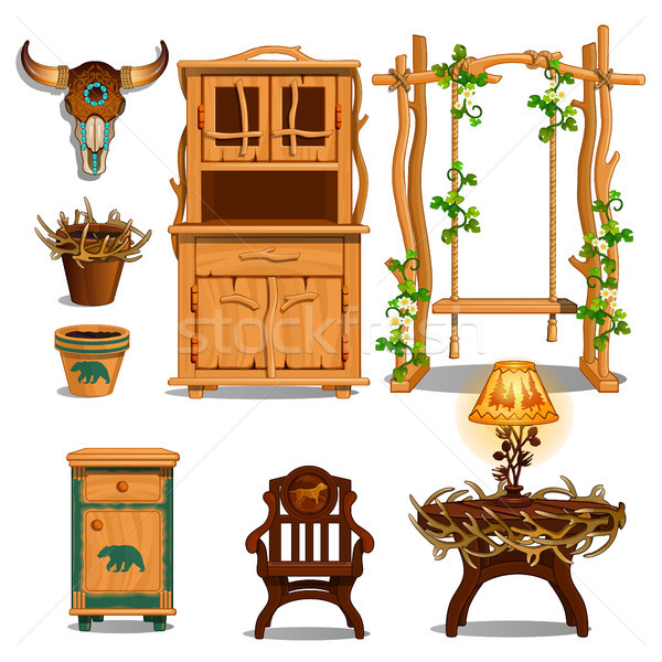 Stock photo: Furniture for interior of the hut of a Forester or the lair of the hunter. Vector illustration.