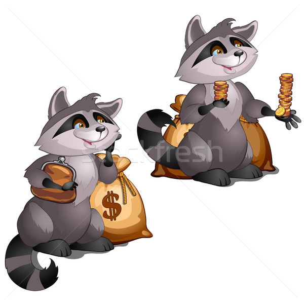 Rich raccoon holds gold coins isolated on white background. Vector cartoon close-up illustration. Stock photo © Lady-Luck
