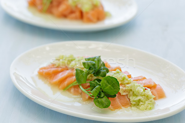 Lachs Sashimi Frühlingszwiebeln Sauce Fisch orange Stock foto © LAMeeks