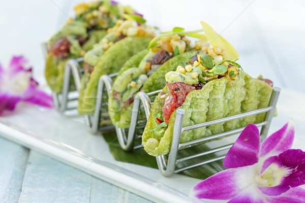 Mini tacos avokado ada salsa kabuk Stok fotoğraf © LAMeeks