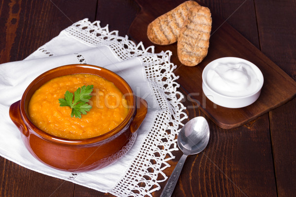Abóbora sopa mesa de madeira servido grego trigo Foto stock © Lana_M