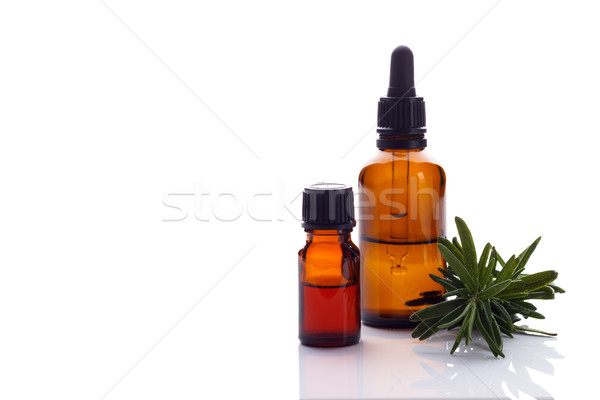 Stockfoto: Rosmarijn · klein · flessen · aromatherapie · geïsoleerd