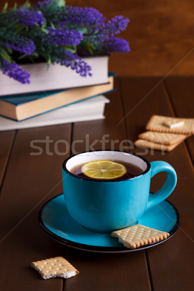 Stock fotó: Csésze · tea · könyvek · citrom · sütik · öreg