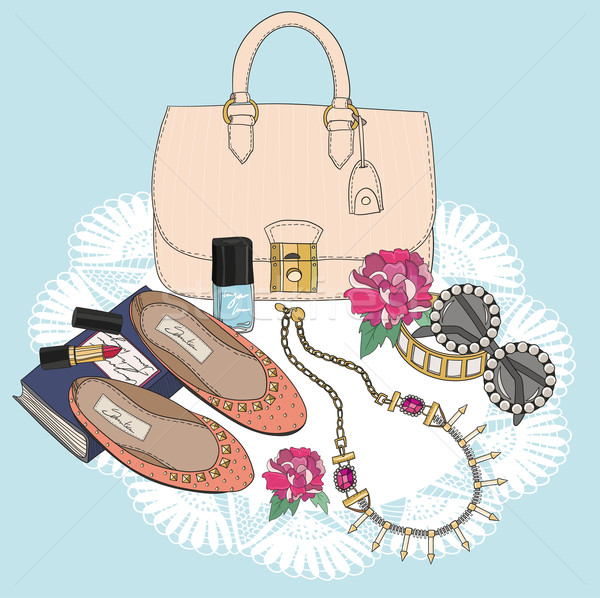 Fashion essentials. Background with bag, sunglasses, shoes Stock photo © lapesnape