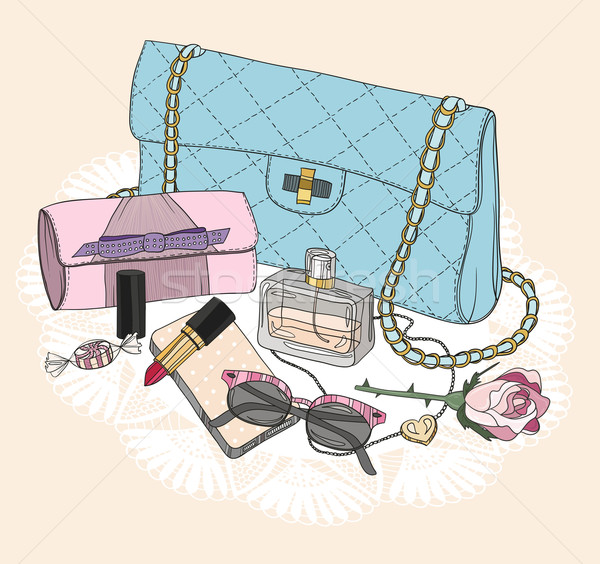 Fashion essentials. Background with bag, sunglasses, shoes Stock photo © lapesnape