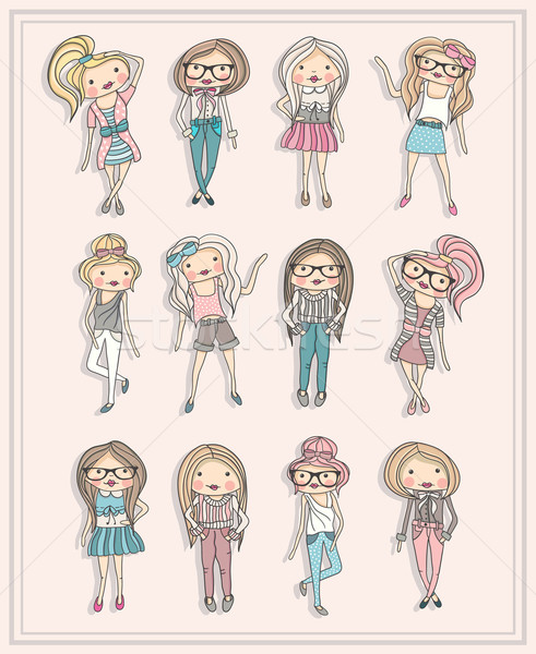Cartoon meisjes mode kinderen ingesteld cute Stockfoto © lapesnape