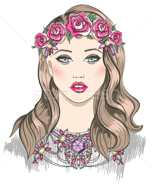 Junge Mädchen Mode Illustration Mädchen Blumen Haar Stock foto © lapesnape