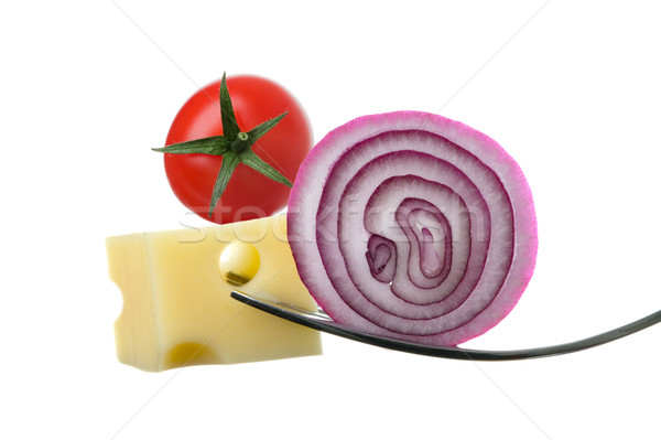 cheese onion and tomato on forks against white Stock photo © leeavison