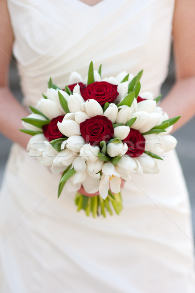 Piros rózsa fehér tulipán esküvői csokor menyasszony tart Stock fotó © leeavison