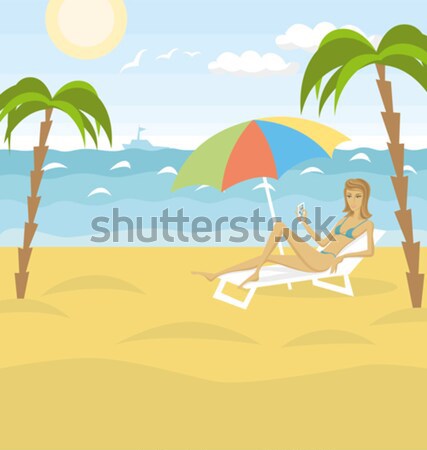 Szexi nő bikini tengerpart vektor esernyő égbolt Stock fotó © leedsn