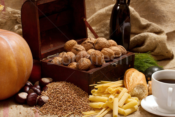 Still Life With Chest, Nuts, Pumpkin, Bread  Stock photo © leedsn