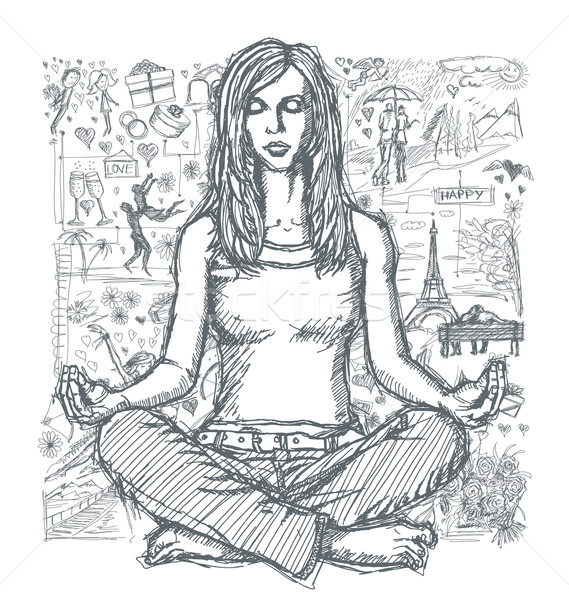 Stock photo: Sketch Woman Meditation In Lotus Pose Against Love Story Backgro