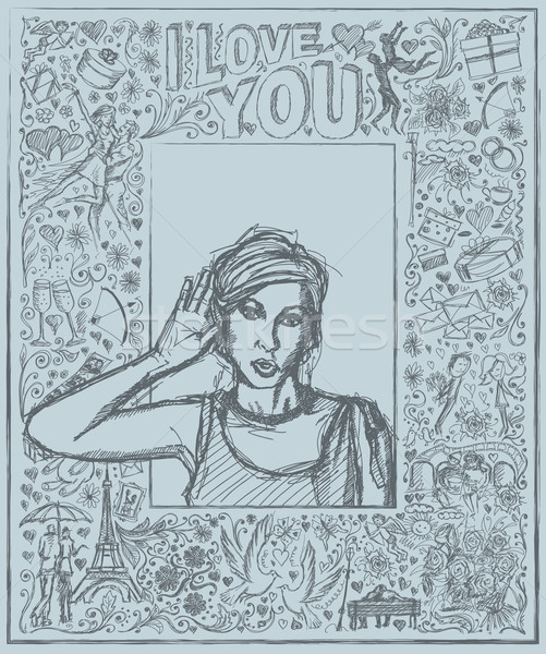 Sketch Woman Overhearing Something Against Love Story Background Stock photo © leedsn