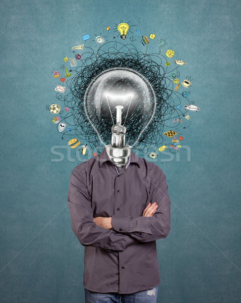 [[stock_photo]]: Lampe · tête · homme · idée · magnifique · main