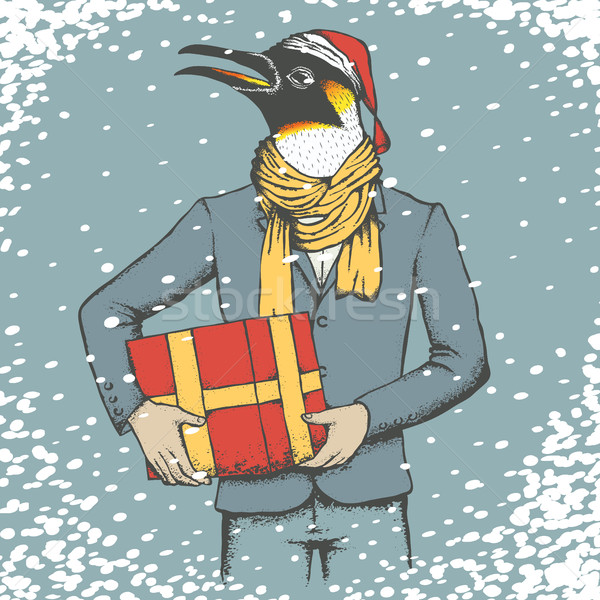 Penguen Noel insan takım elbise hediye vektör Stok fotoğraf © leedsn