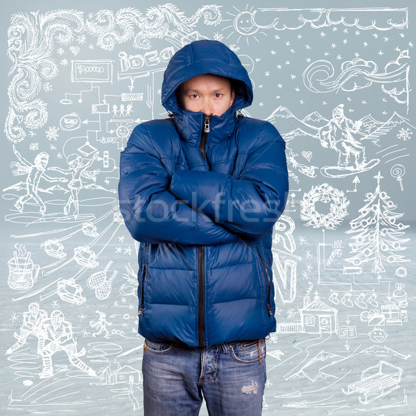 ázsiai férfi lefelé kabát kék tél Stock fotó © leedsn