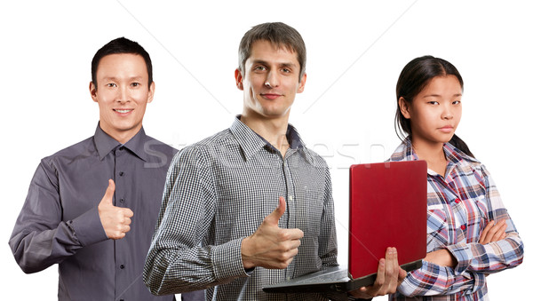 [[stock_photo]]: Asian · équipe · homme · portable · mains · femme