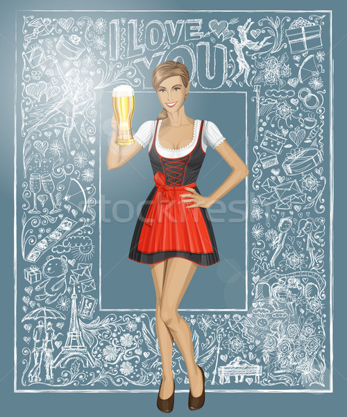 Vector Cute Woman In Drindl With Beer Against Love Background Stock photo © leedsn