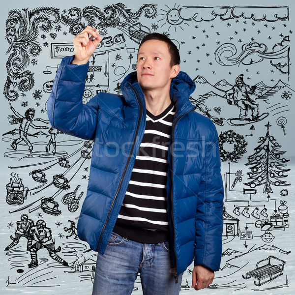 азиатских человека вниз пальто синий зима Сток-фото © leedsn