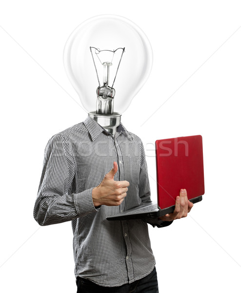 [[stock_photo]]: Lampe · tête · homme · portable · mains · bien