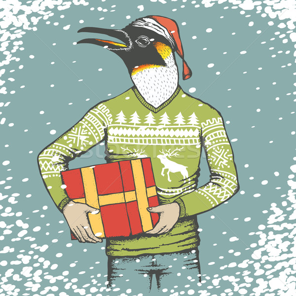 Pingwin christmas ludzi garnitur dar wektora Zdjęcia stock © leedsn