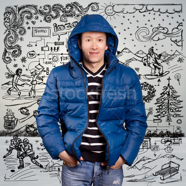 ázsiai férfi lefelé kabát kék tél Stock fotó © leedsn