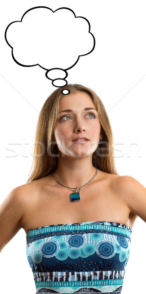 Woman in Blue Dress with Thought Bubble Stock photo © leedsn