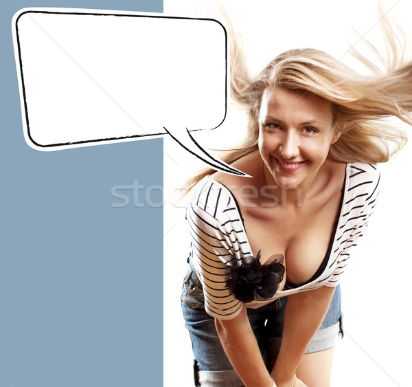 Nő néz kamera kék szövegbuborék boldog Stock fotó © leedsn