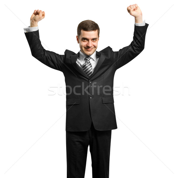 üzletember kezek magasban boldog ünnepel győzelem kéz Stock fotó © leedsn