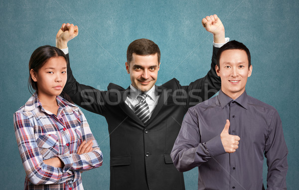 ázsiai csapat üzletember kezek magasban boldog ünnepel Stock fotó © leedsn