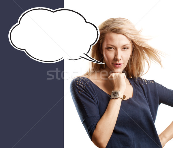 Nő néz kamera kék szövegbuborék boldog Stock fotó © leedsn