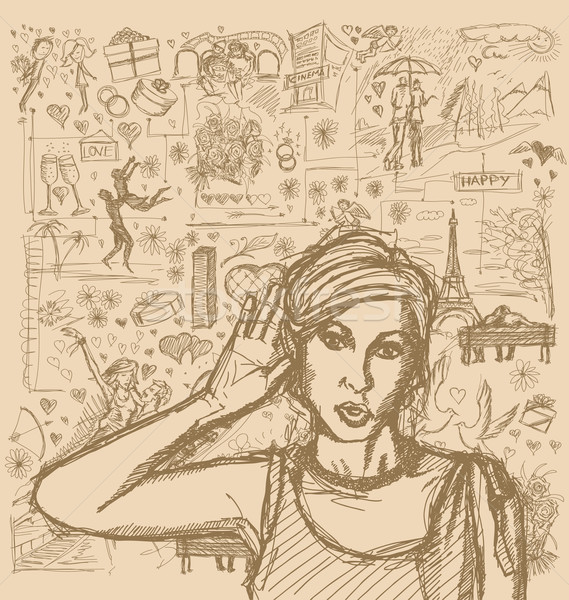Sketch Woman Overhearing Something Against Love Story Background Stock photo © leedsn
